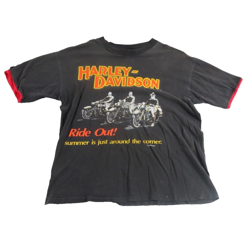 Harley Davidson Shirt Mens L Black Ride Out Summer Single Stitch Biker Tee Top